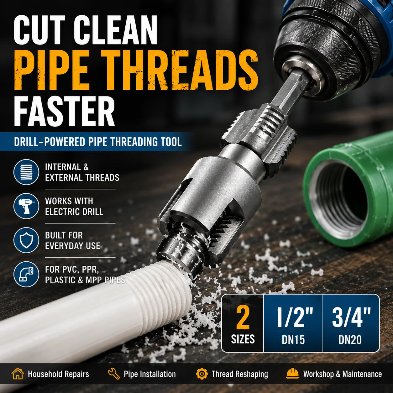 Purpose-Built Drill-Powered Pipe Thread Cutting Bit – Internal &