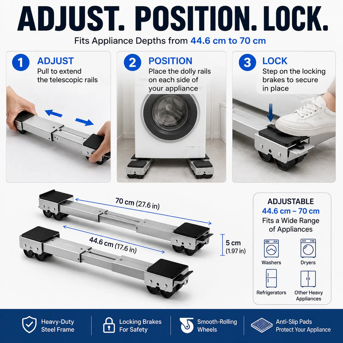 Purpose-Built 2-Pack Telescopic Appliance Dolly, Lockable Wheels, 4cm