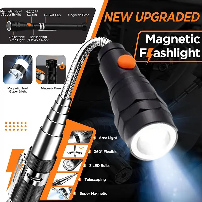 Extendable Telescoping Magnetic Pickup Tool with LED Flashlight