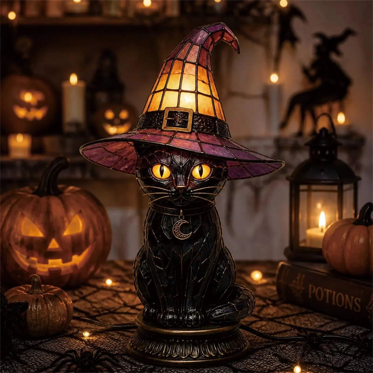 Decorative Gothic Stained Glass Witch Black Cat Table Lamp – Witch