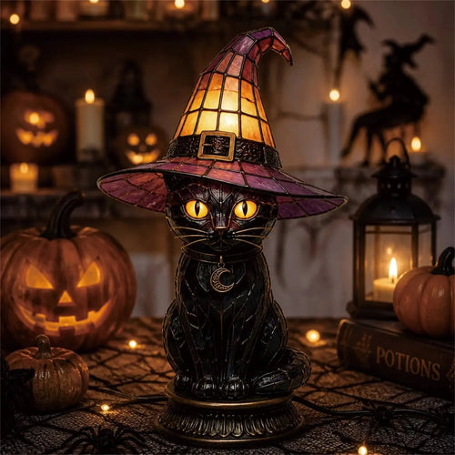 Decorative Gothic Stained Glass Witch Black Cat Table Lamp – Witch