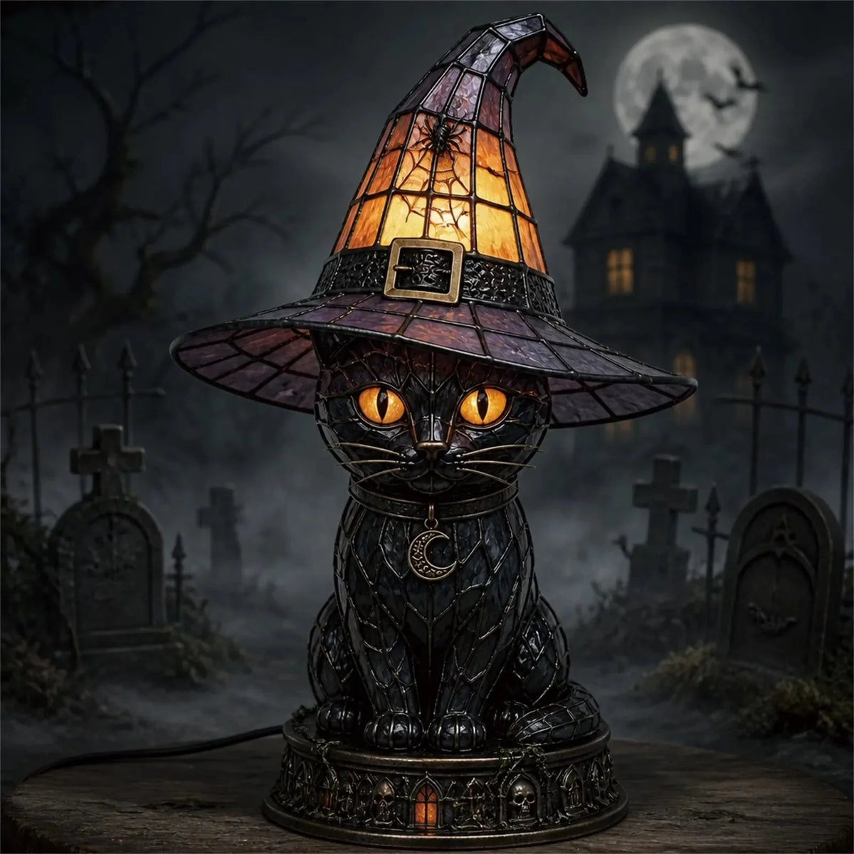 Decorative Gothic Stained Glass Witch Black Cat Table Lamp – Witch