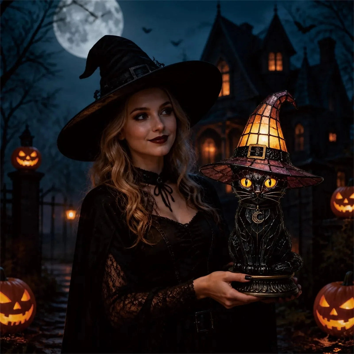 Decorative Gothic Stained Glass Witch Black Cat Table Lamp – Witch