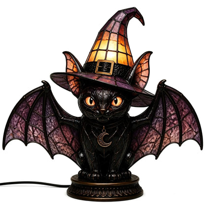 Decorative Gothic Stained Glass Witch Black Cat Table Lamp – Witch