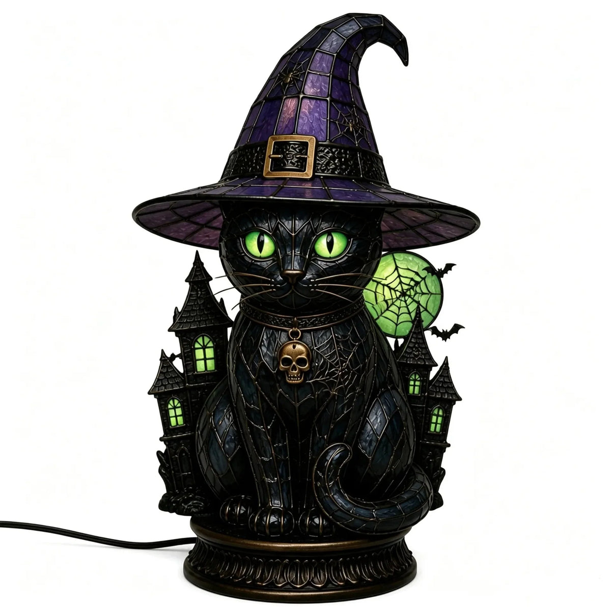 Decorative Gothic Stained Glass Witch Black Cat Table Lamp – Witch