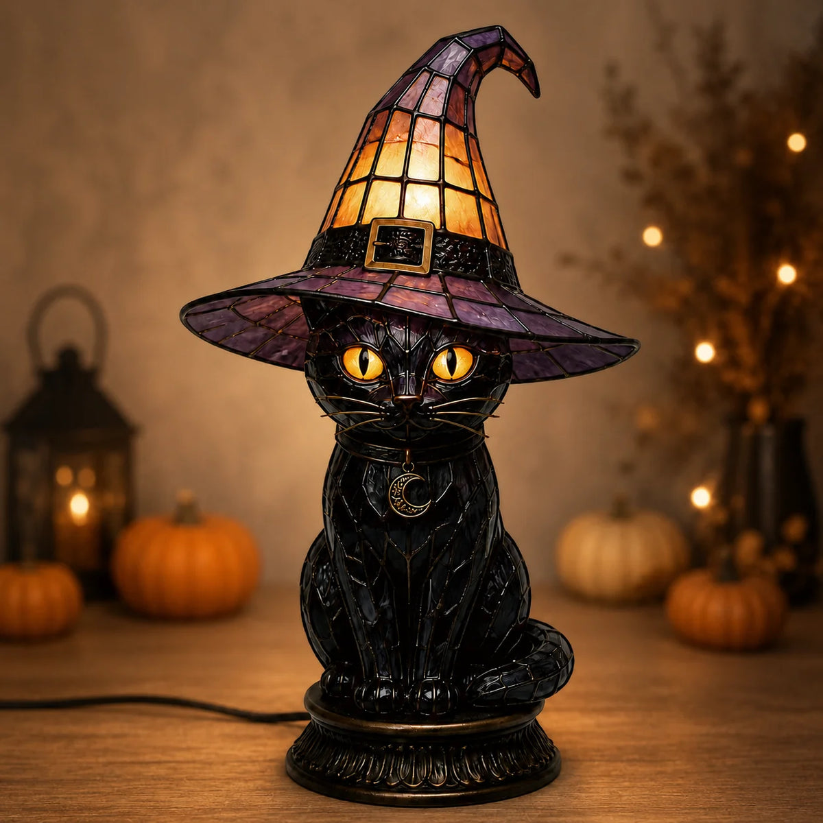 Decorative Exclusive Item Gothic Stained Glass Witch Black Cat Table
