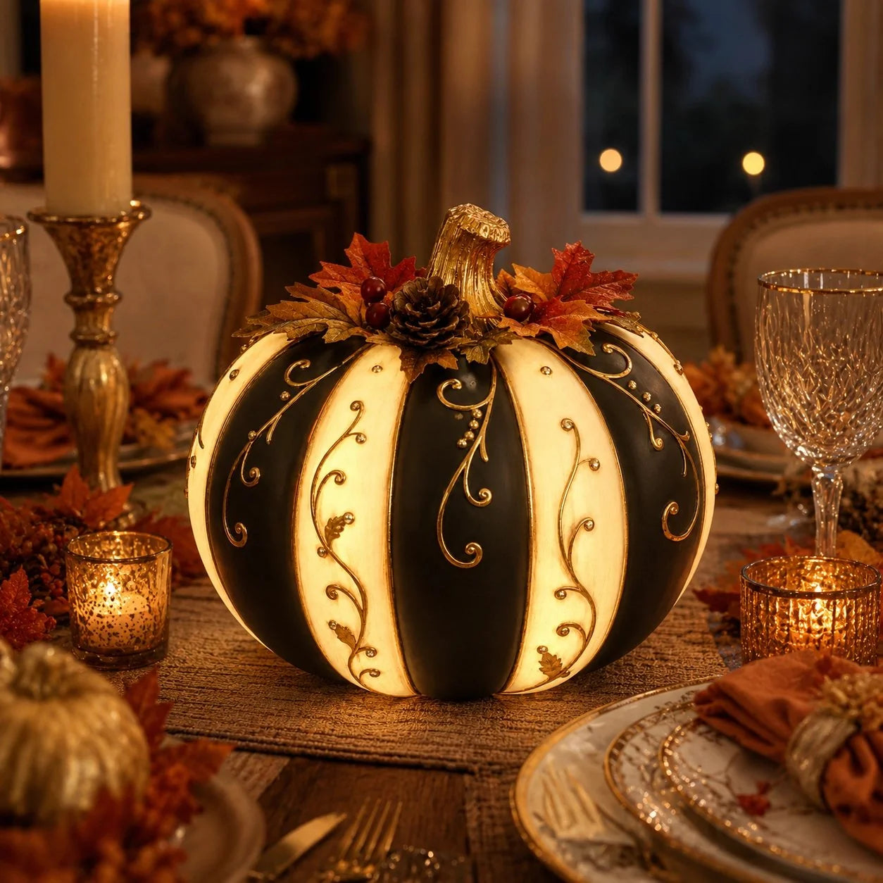 Lighted Black and Ivory Pumpkin Halloween Decor with Remote Control