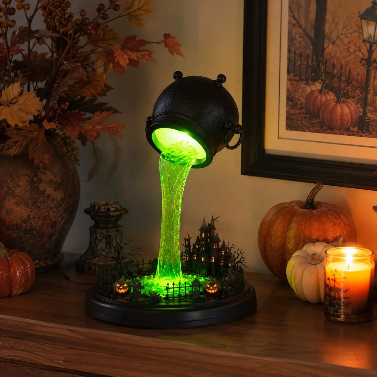Decorative Glowing Witch Cauldron Desk Lamp – Spilling Green Magic