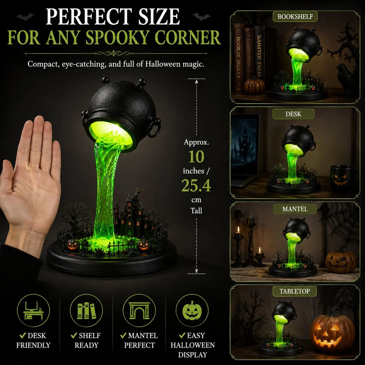 Decorative Glowing Witch Cauldron Desk Lamp – Spilling Green Magic