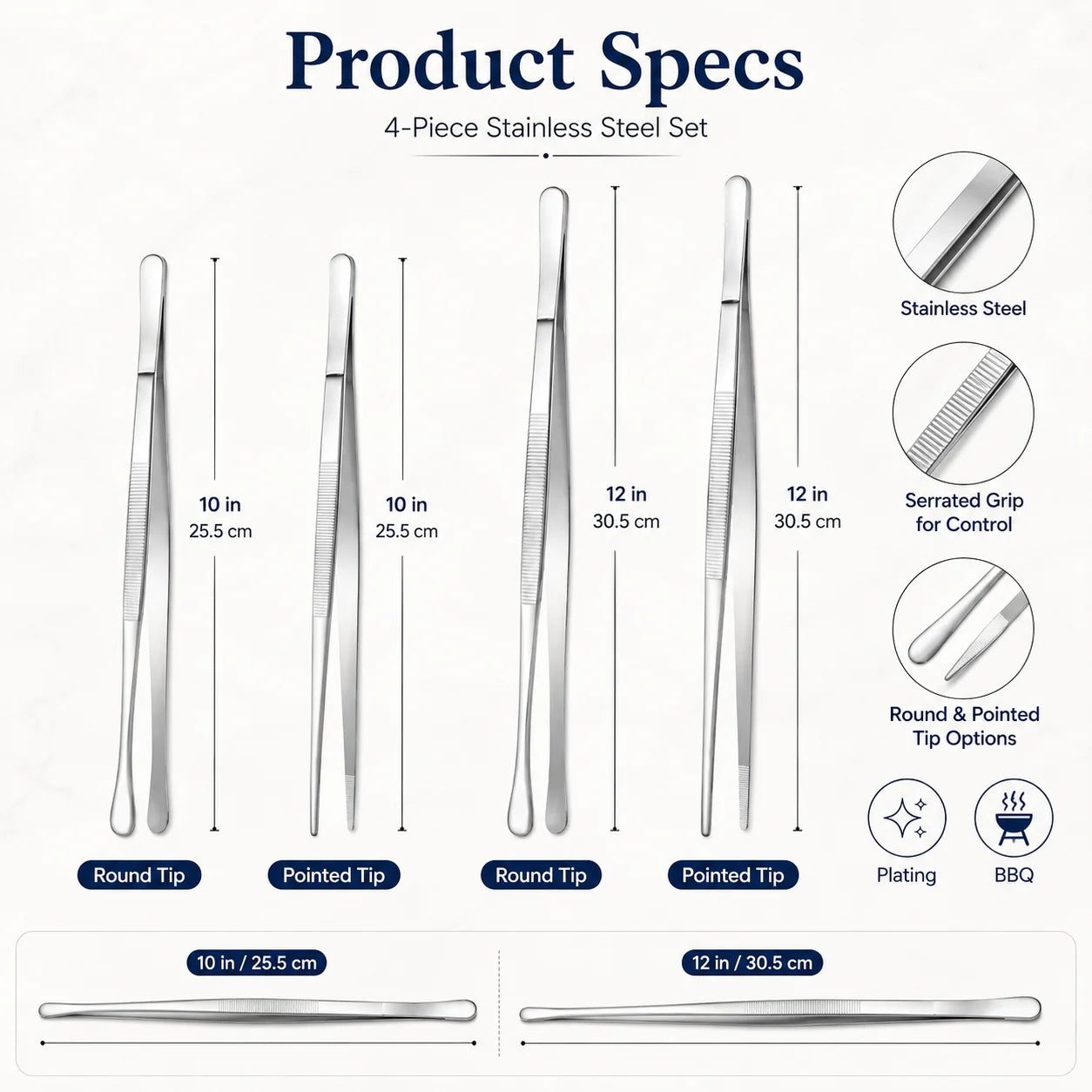 Purpose-Built Fine Long Tweezer Tongs Professional Black Set,12'' and