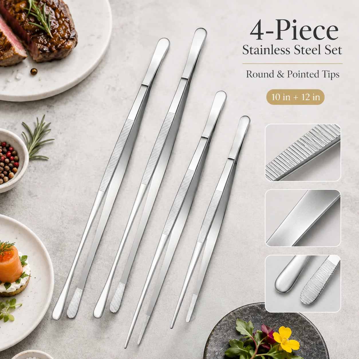 Purpose-Built Fine Long Tweezer Tongs Professional Black Set,12'' and