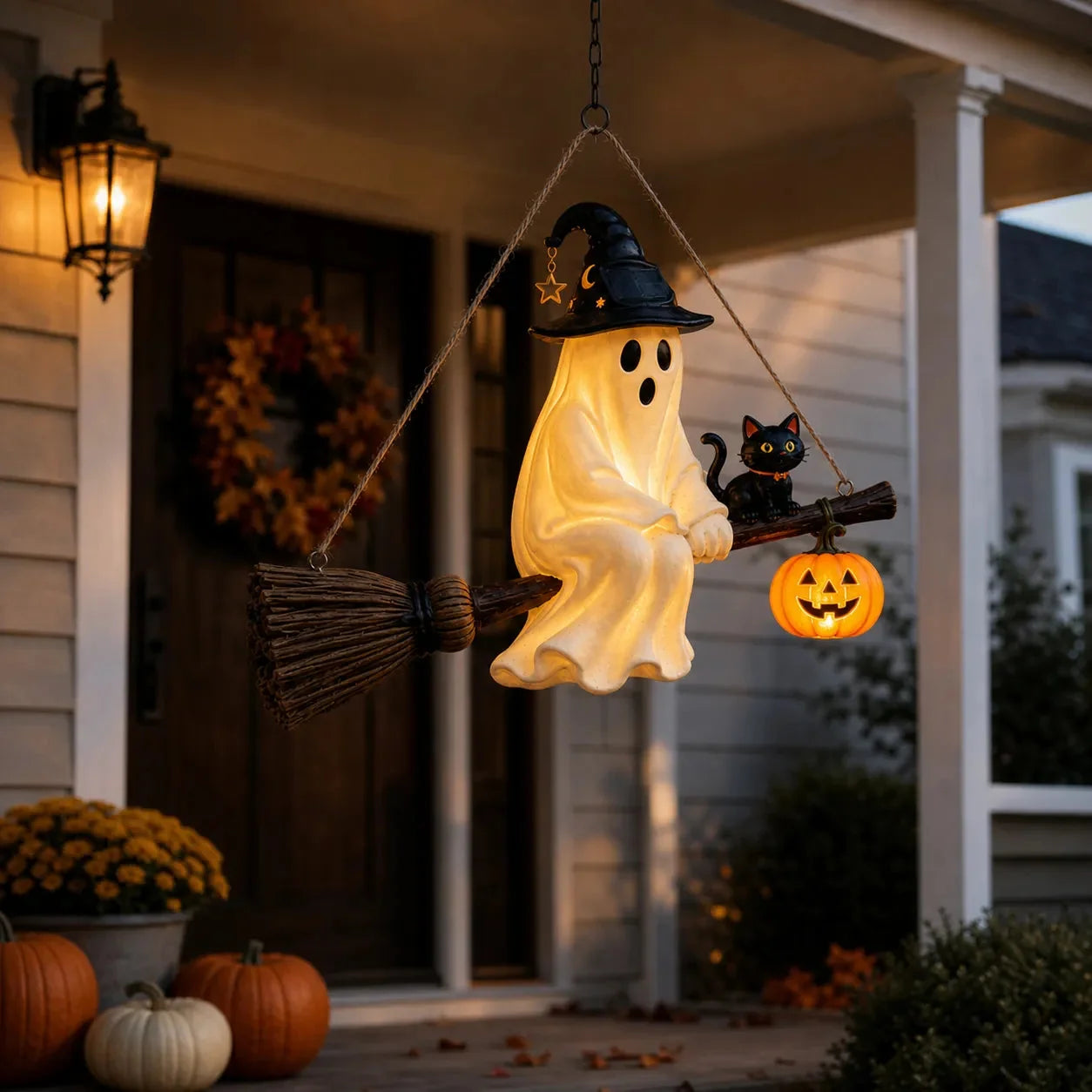 Hanging Solar Ghost Lantern for a Warm Halloween Porch Glow