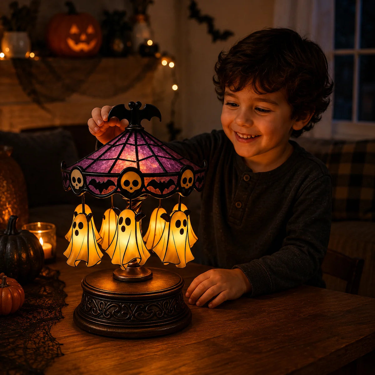 Vehicle-Ready Ghost Carousel Motion Night Light – Cozy