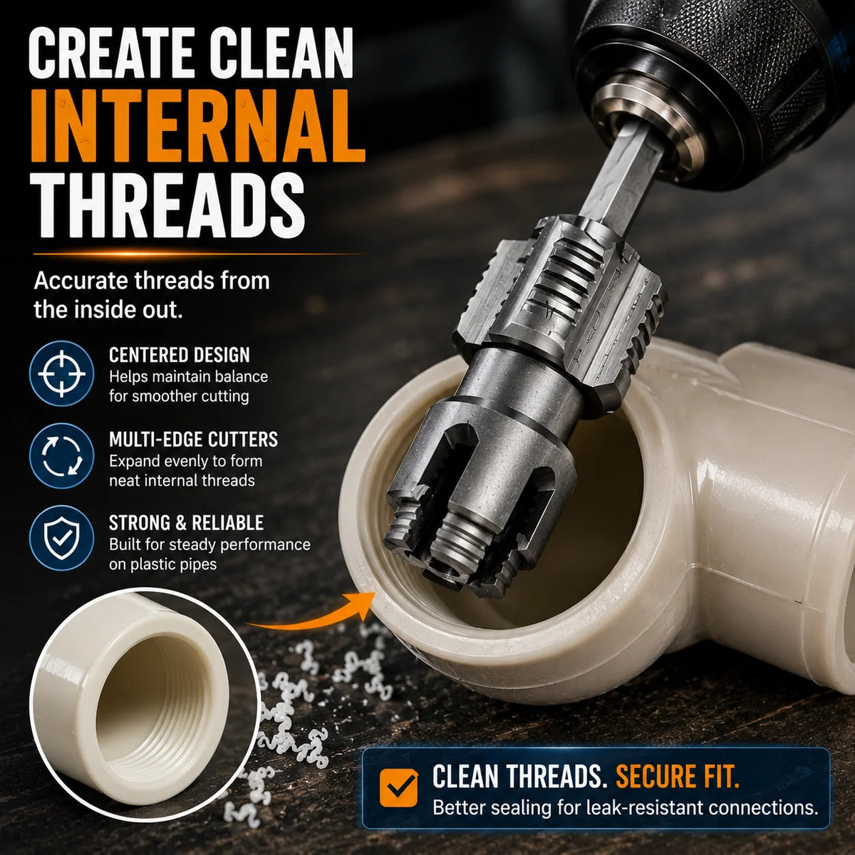 Purpose-Built Drill-Powered Pipe Thread Cutting Bit – Internal &