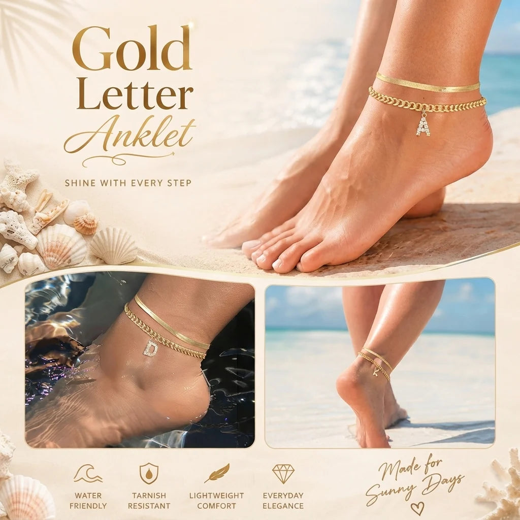 Purpose-Built Gold Initial Anklet – 14K Gold Plated, Waterproof