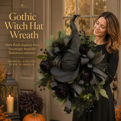 Distinctive Gothic Black Rose Witch Hat Wreath – Haunting Elegant
