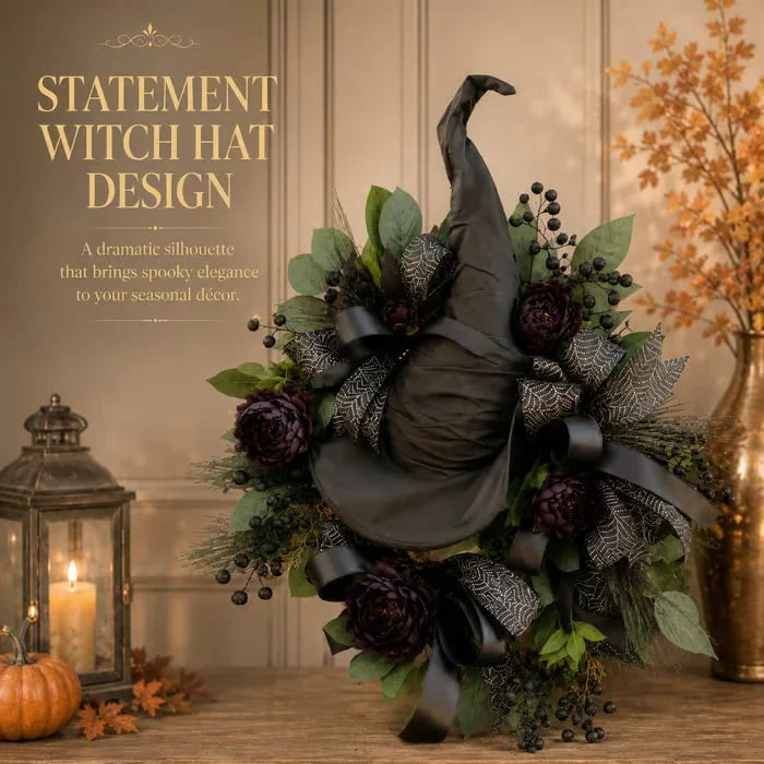 Distinctive Gothic Black Rose Witch Hat Wreath – Haunting Elegant
