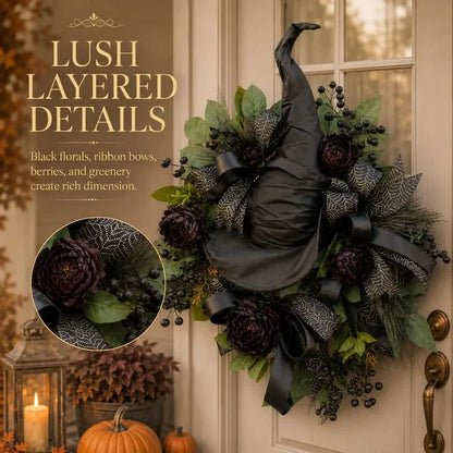 Distinctive Gothic Black Rose Witch Hat Wreath – Haunting Elegant