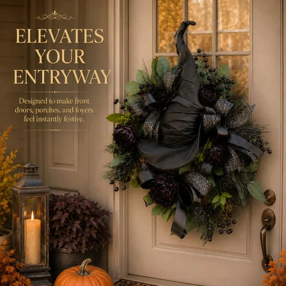 Distinctive Gothic Black Rose Witch Hat Wreath – Haunting Elegant