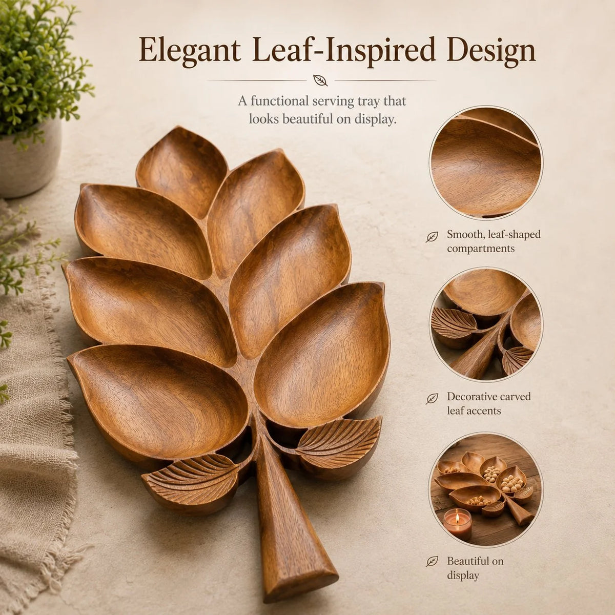 Vehicle-Ready Hand-Carved Solid Sheesham Wood Leaf Serving