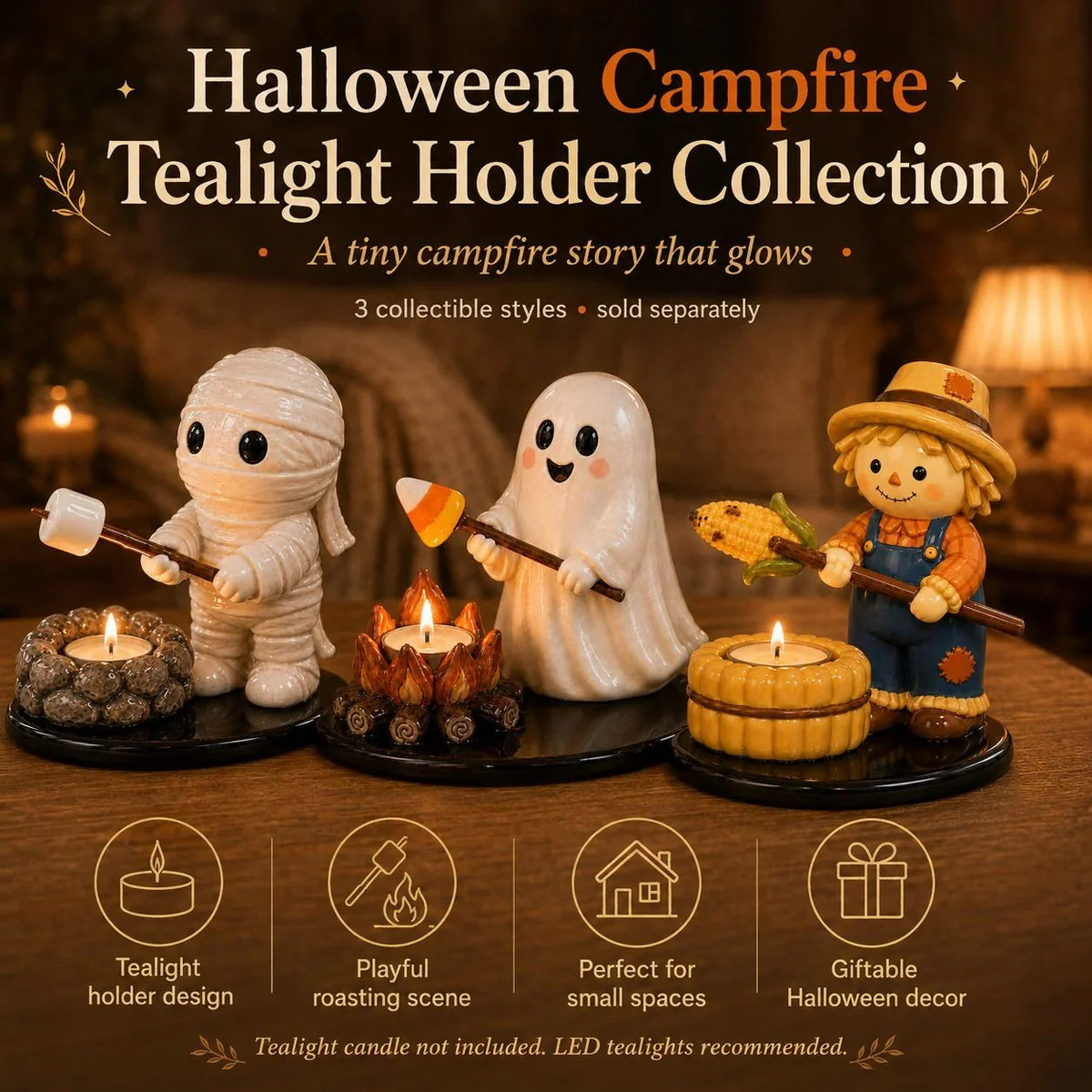 Decorative Campfire Tealight Holder for Focused Light – Halloween Camp