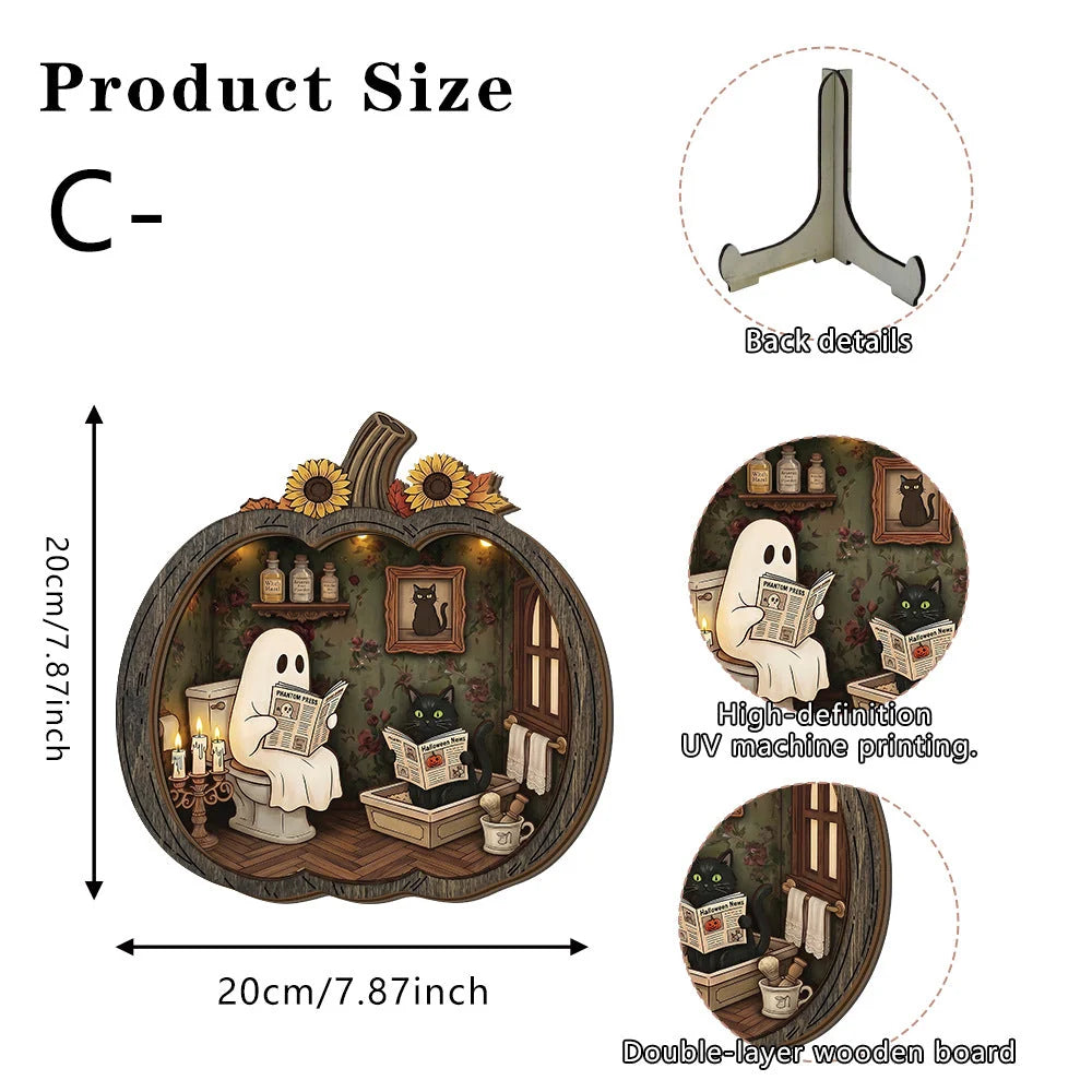 Purpose-Built Enchanting Ghost Pumpkin Decor – Cozy Wooden Tabletop
