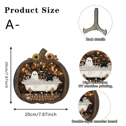 Purpose-Built Enchanting Ghost Pumpkin Decor – Cozy Wooden Tabletop