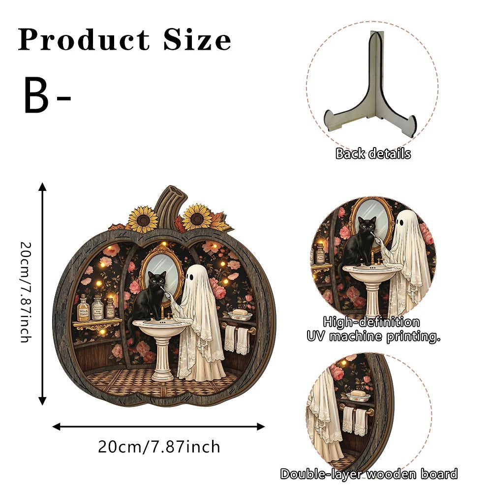 Purpose-Built Enchanting Ghost Pumpkin Decor – Cozy Wooden Tabletop