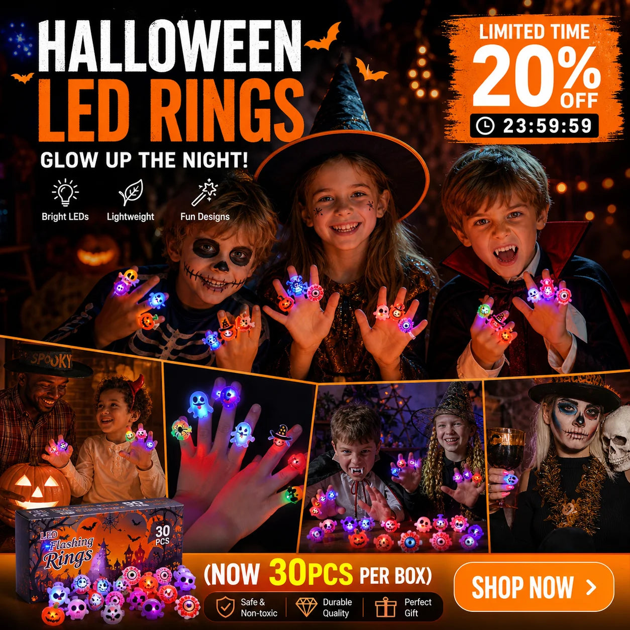 50-Piece LED Light-Up Ring Set for Parties and Night Events