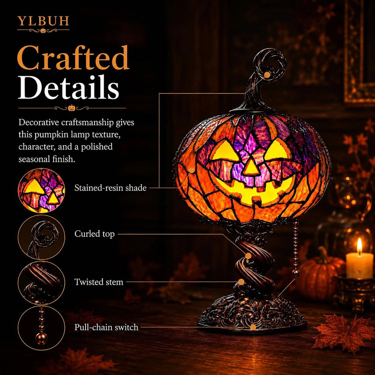 Decorative Stained Glass Style Pumpkin Table Lamp for Focused Lighting