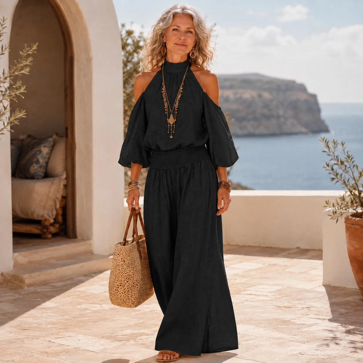 Pet-Friendly Halter Cold-Shoulder Two-Piece Vacation