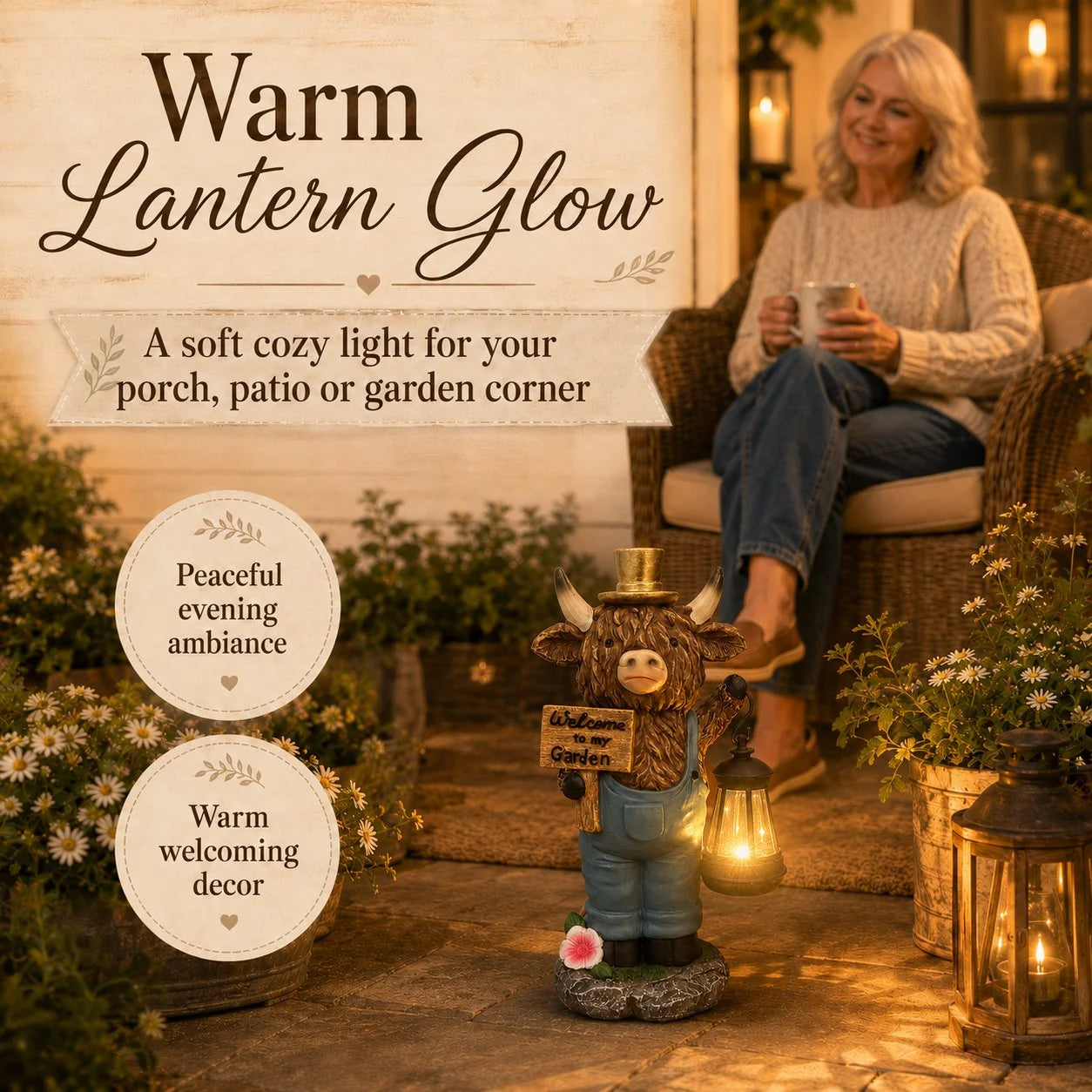 Solar Highland Cow Lantern Statue with Handcrafted Detail