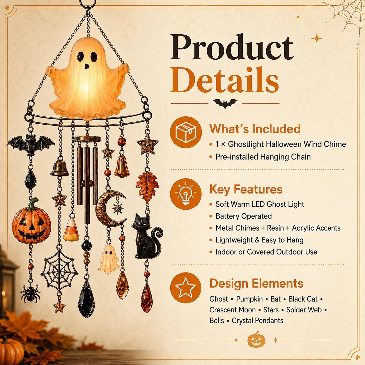 Outdoor Haunted Glow Ghost Wind Chime for Garden Display