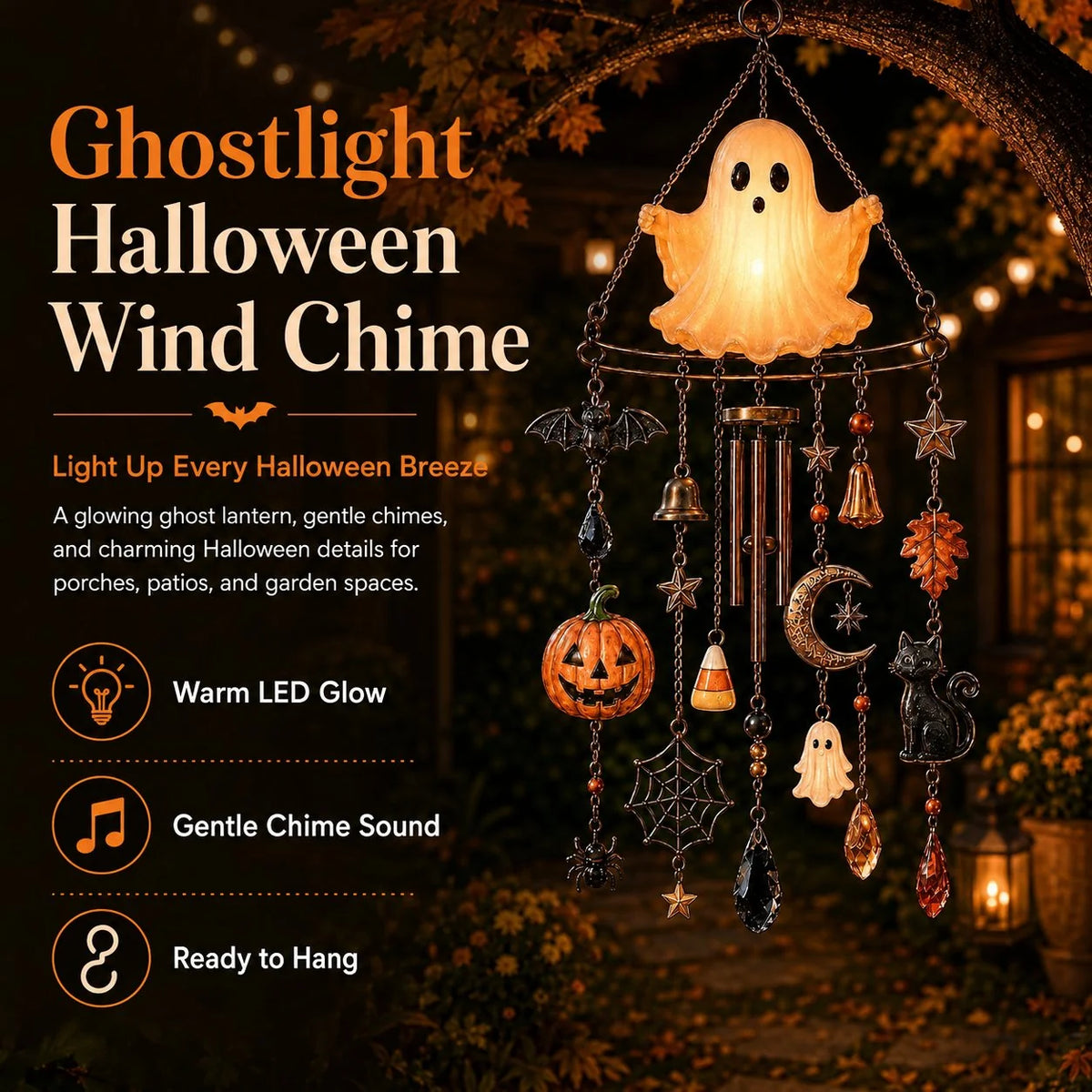 Outdoor Haunted Glow Ghost Wind Chime for Garden Display