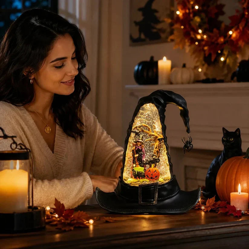 Decorative Witches Hat Lighted Water Lantern With Swirling Glitter
