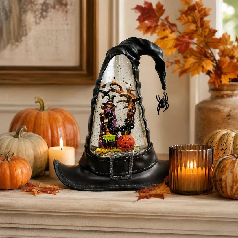 Decorative Witches Hat Lighted Water Lantern With Swirling Glitter