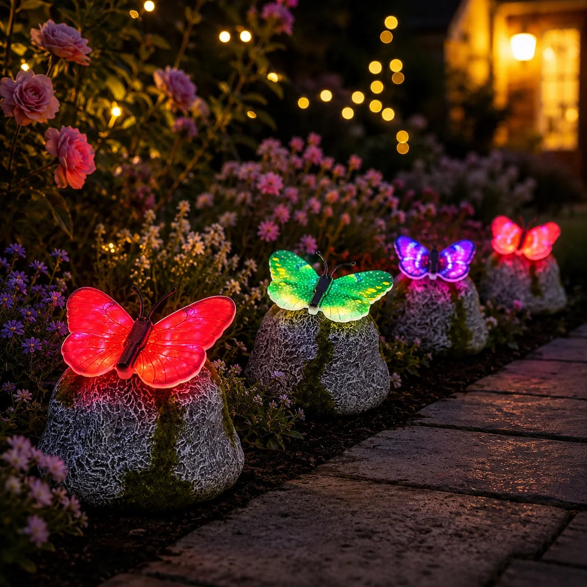 Color-Lit Butterfly Landscape Accent with Stone-Style Base