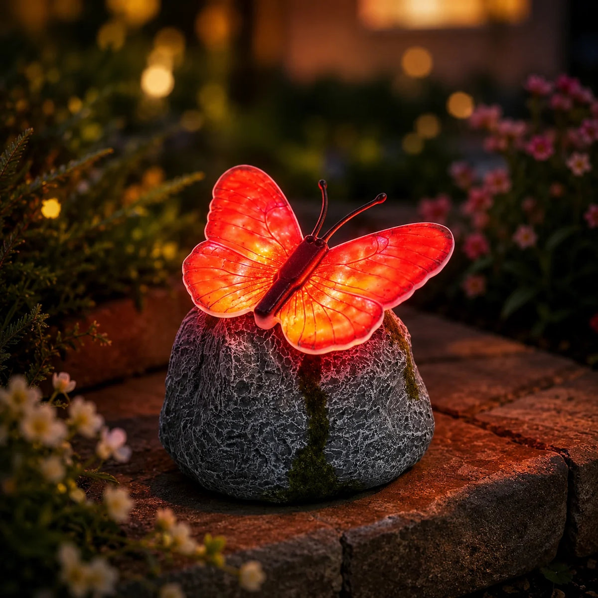 Color-Lit Butterfly Landscape Accent with Stone-Style Base