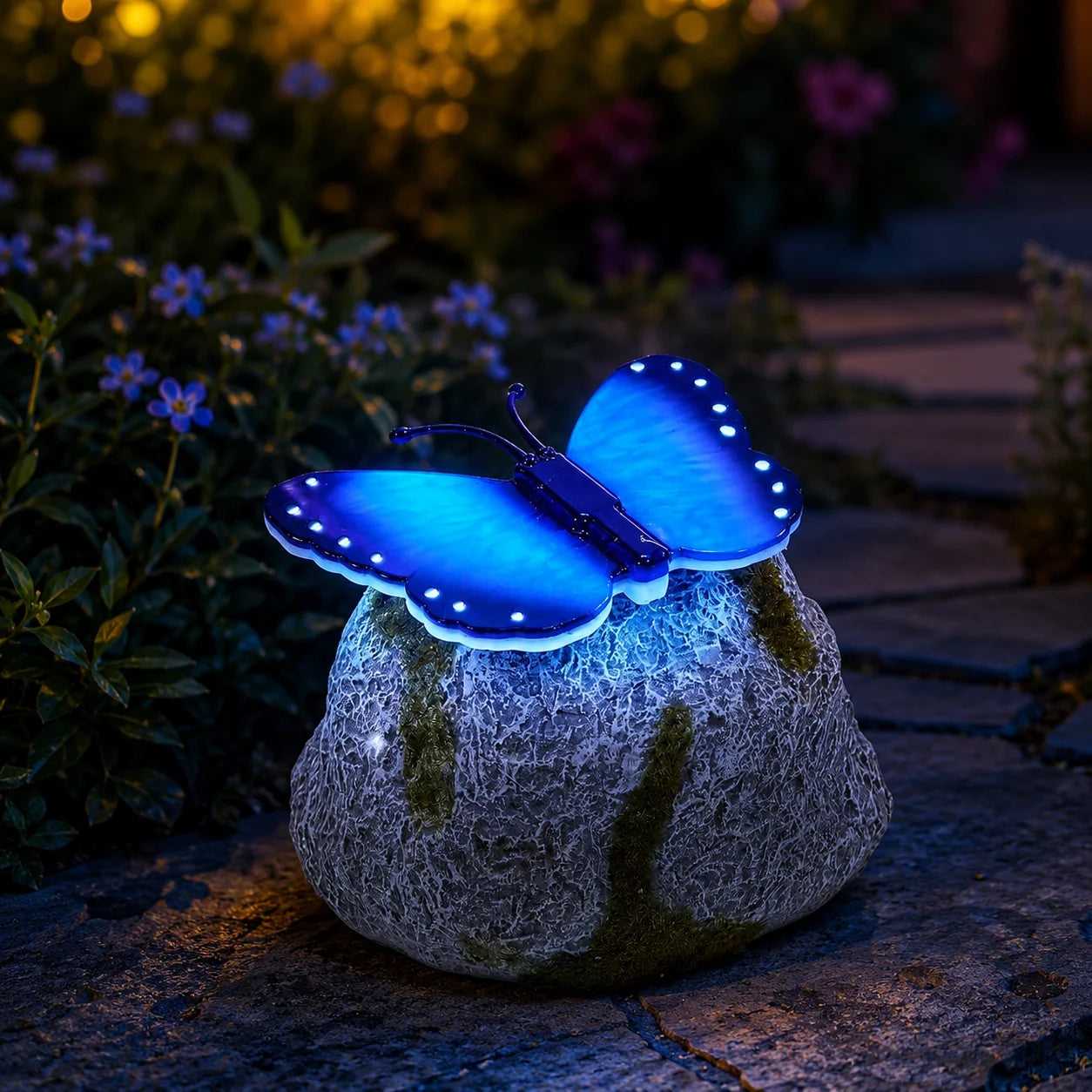 Color-Lit Butterfly Landscape Accent with Stone-Style Base