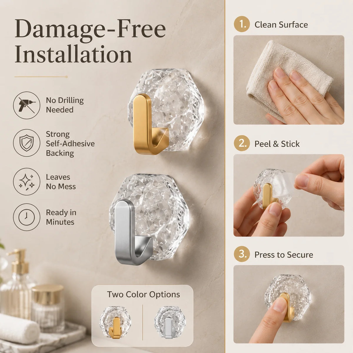 Space-Saving 10PCS Modern Hexagon Adhesive Hooks for Organized Storage