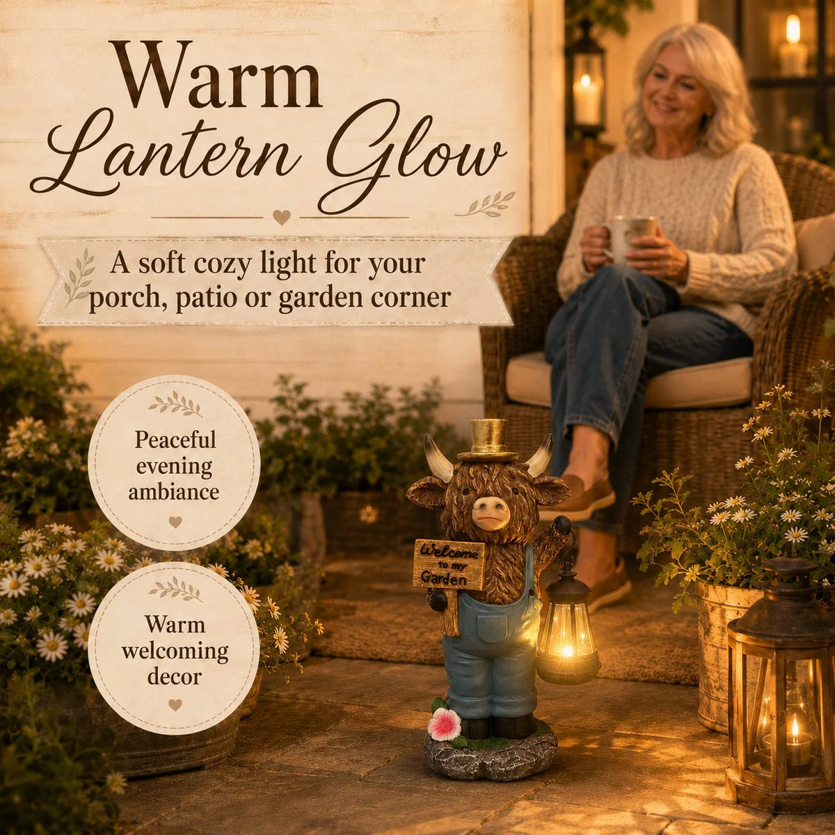 Solar Farmhouse Cow Statue with a Hanging Garden Lantern