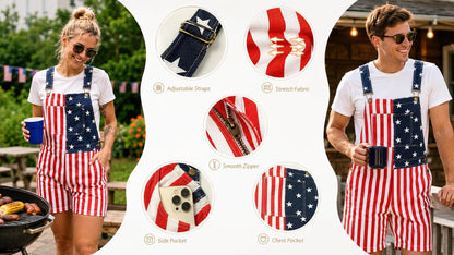 American Flag Denim Overall Shorts with Adjustable Straps