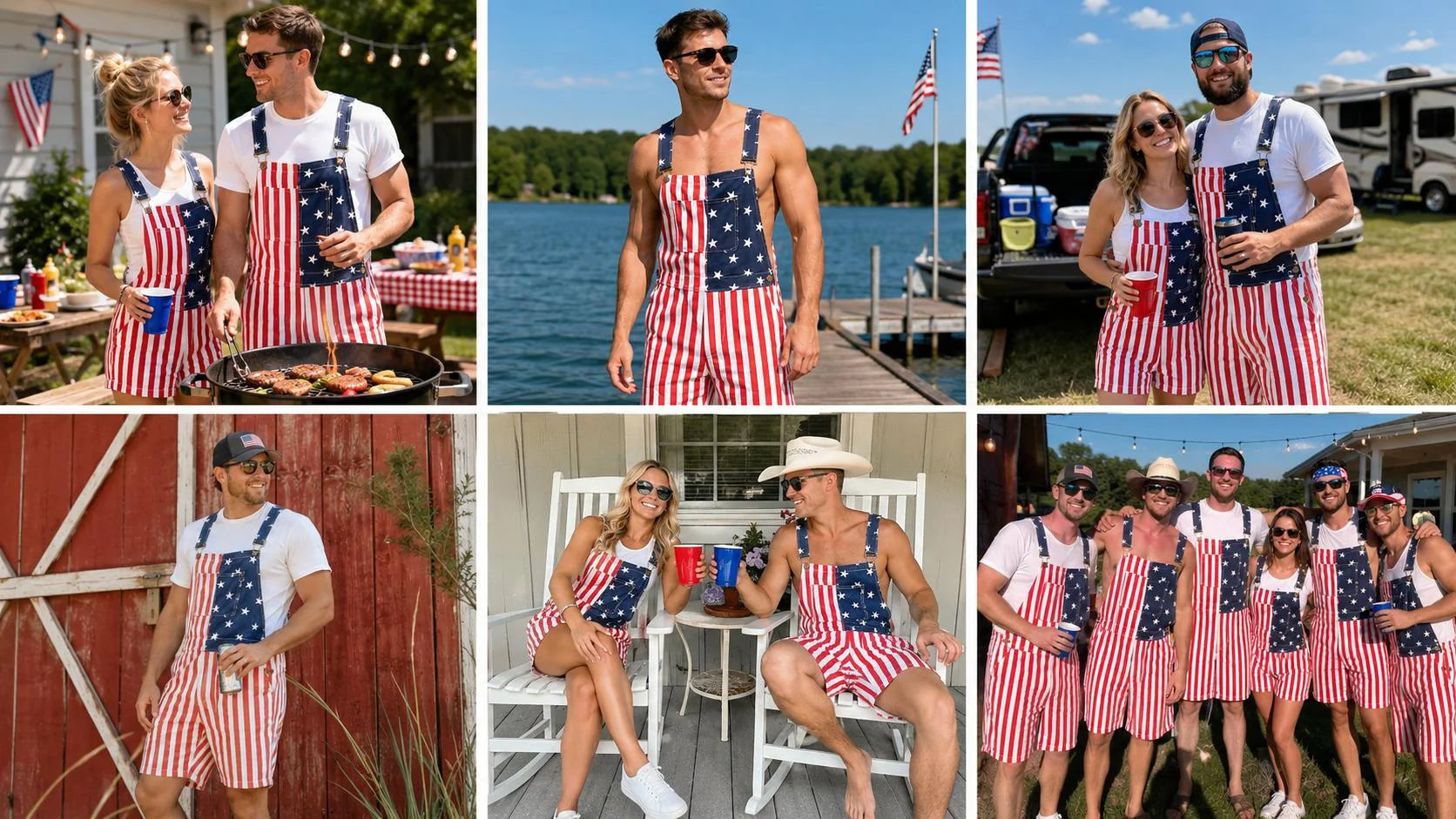American Flag Denim Overall Shorts with Adjustable Straps