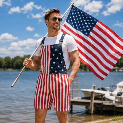 American Flag Denim Overall Shorts with Adjustable Straps