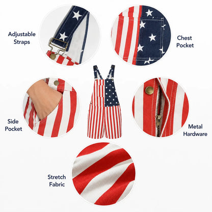 American Flag Denim Overall Shorts with Adjustable Straps