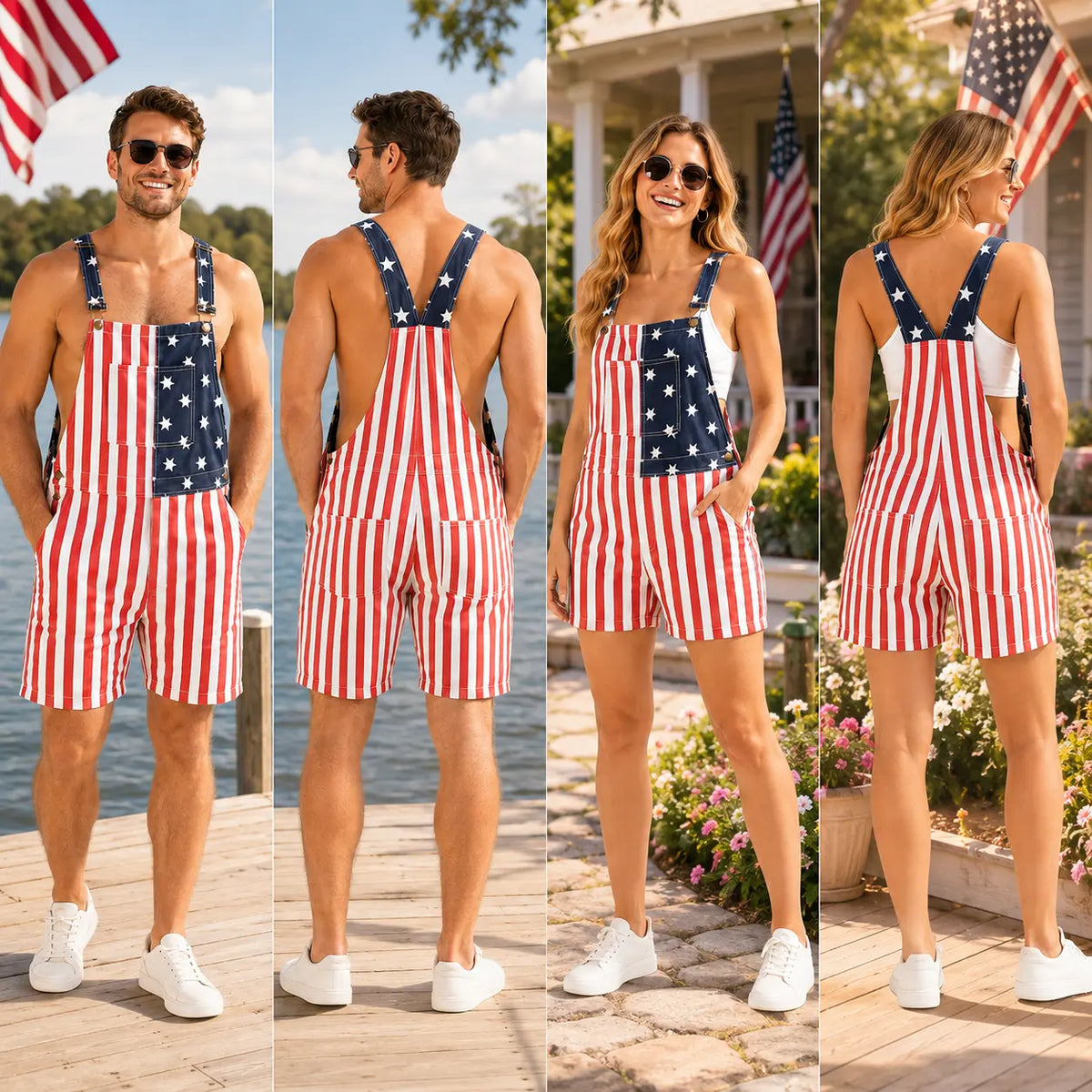 American Flag Denim Overall Shorts with Adjustable Straps