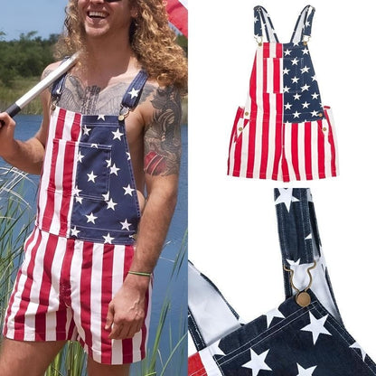 American Flag Denim Overall Shorts with Adjustable Straps
