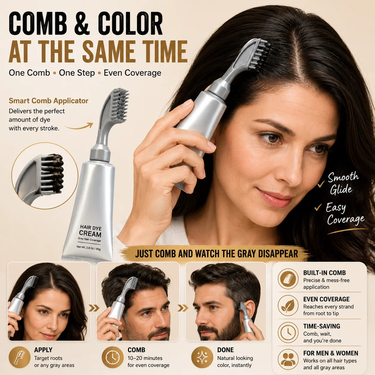 Root Touch-Up Color Comb for Covering Visible Gray Hair