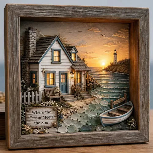 Decorative Coastal Lighthouse Sea Glass Shadow Box Light – Nautical