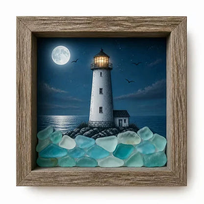 Decorative Coastal Lighthouse Sea Glass Shadow Box Light – Nautical